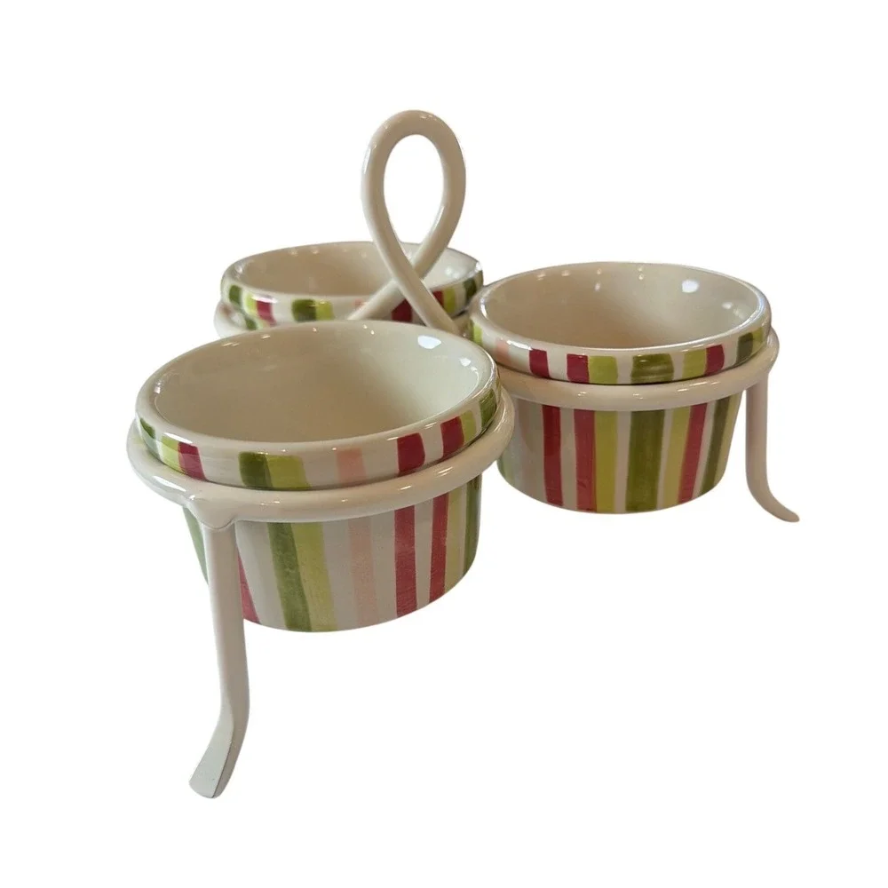 Linens-N-Things Trio Server Hand Painted Ceramic Bowls Striped Snack Set Stand
